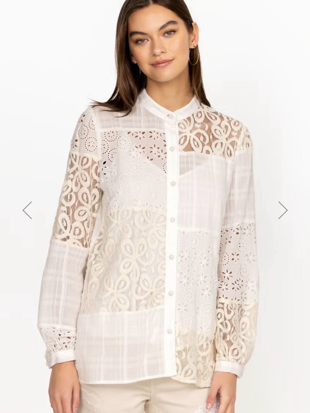 Johnny Was Carmen Burton White Lace Patchwork Button-Up Blouse